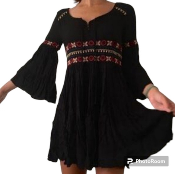 American Eagle Outfitters Size Small Black Embroidered Waist Ruffled Mini Dress - Picture 12 of 12